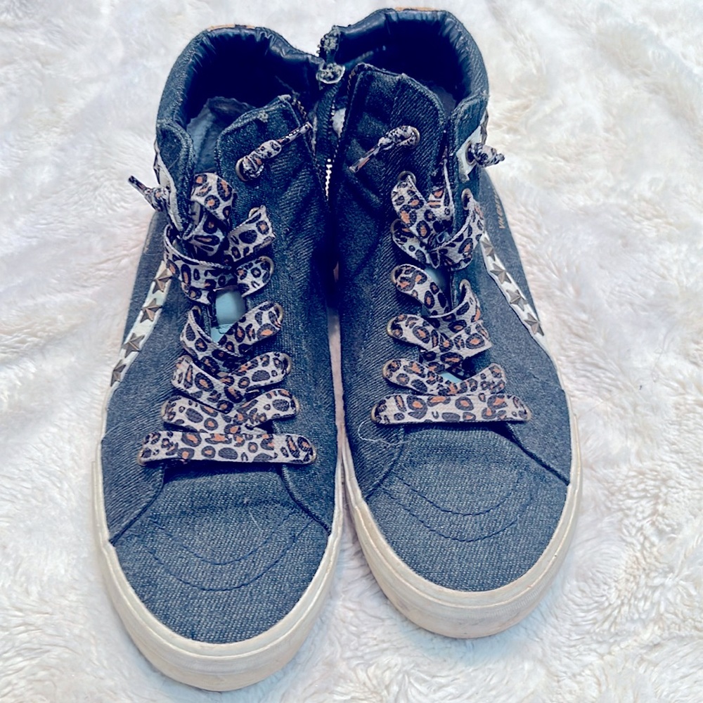 Vintage Hannah, leopard print and denim high tops